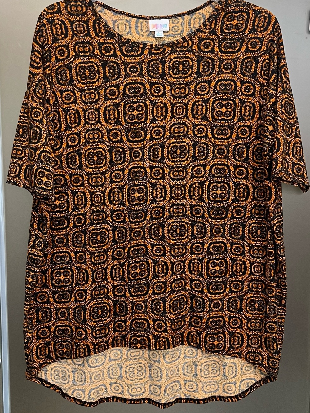 Women's LuLaRoe Casual Crew Neck Shirt - Black and Orange Pattern